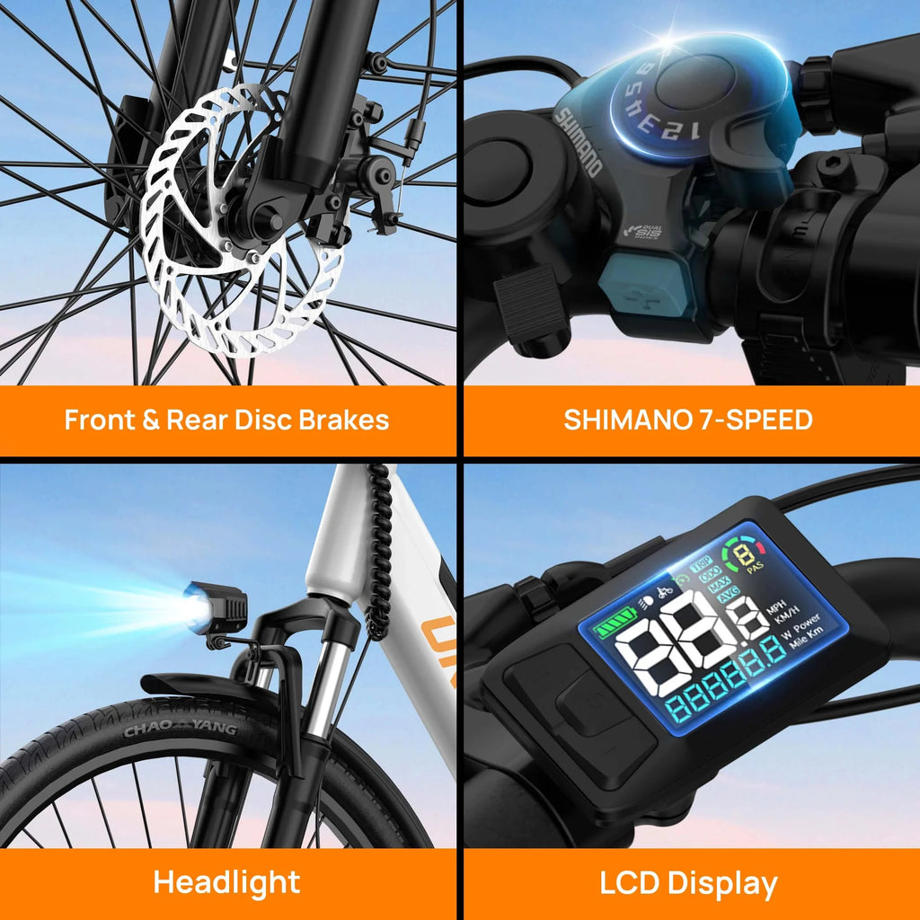 Urlife E26 Peak 750W Electric Bike for Adults Commute 36V Removable Battery Top Speed 32KMH 26''x2'' Standard Tire 7-Speeds E-bike