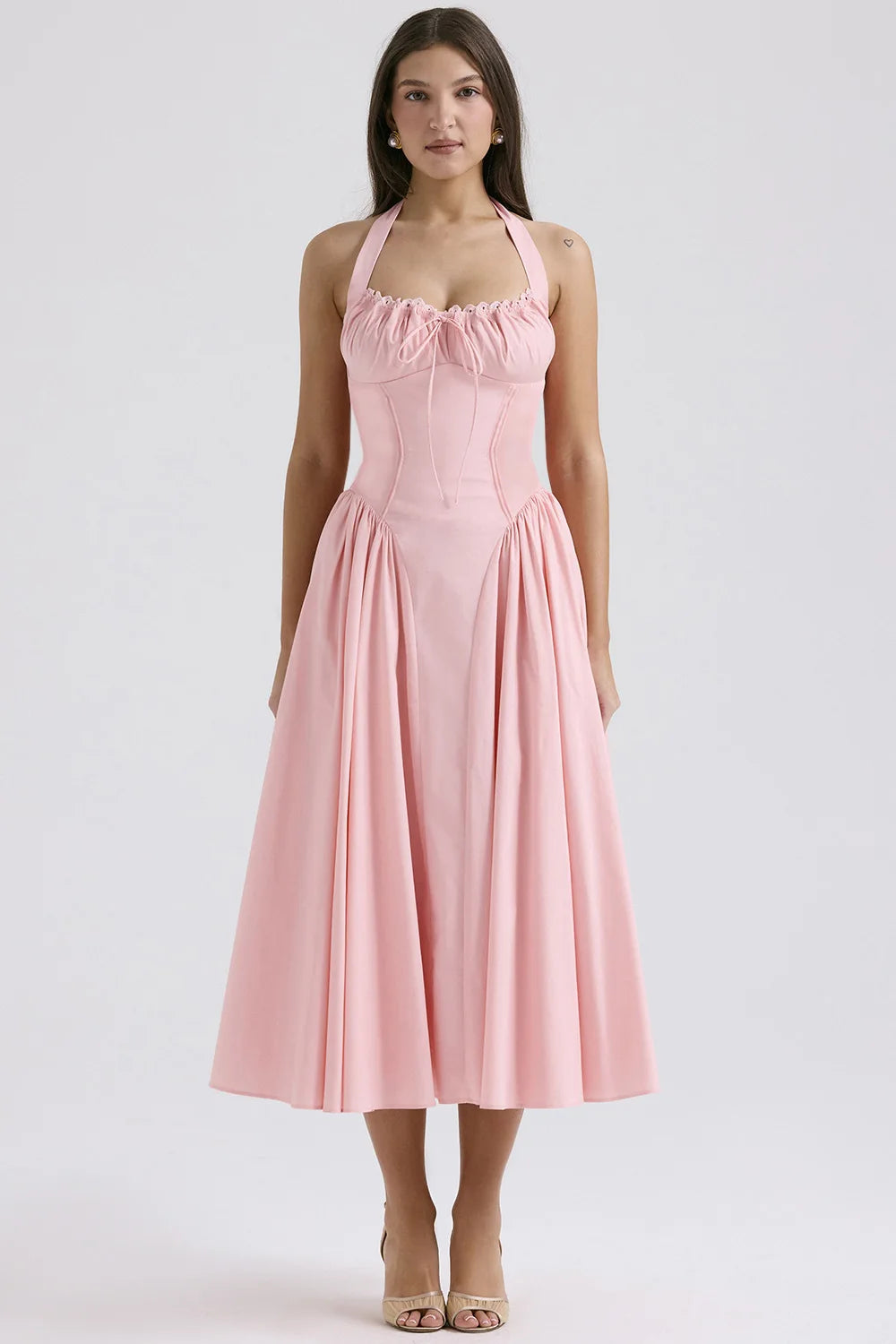 Vintage Floral Halter Midi Sundress Women's High Waist Pink Blue Black Red Dresses Summer Dresses Female Birthday Robe 2025 New