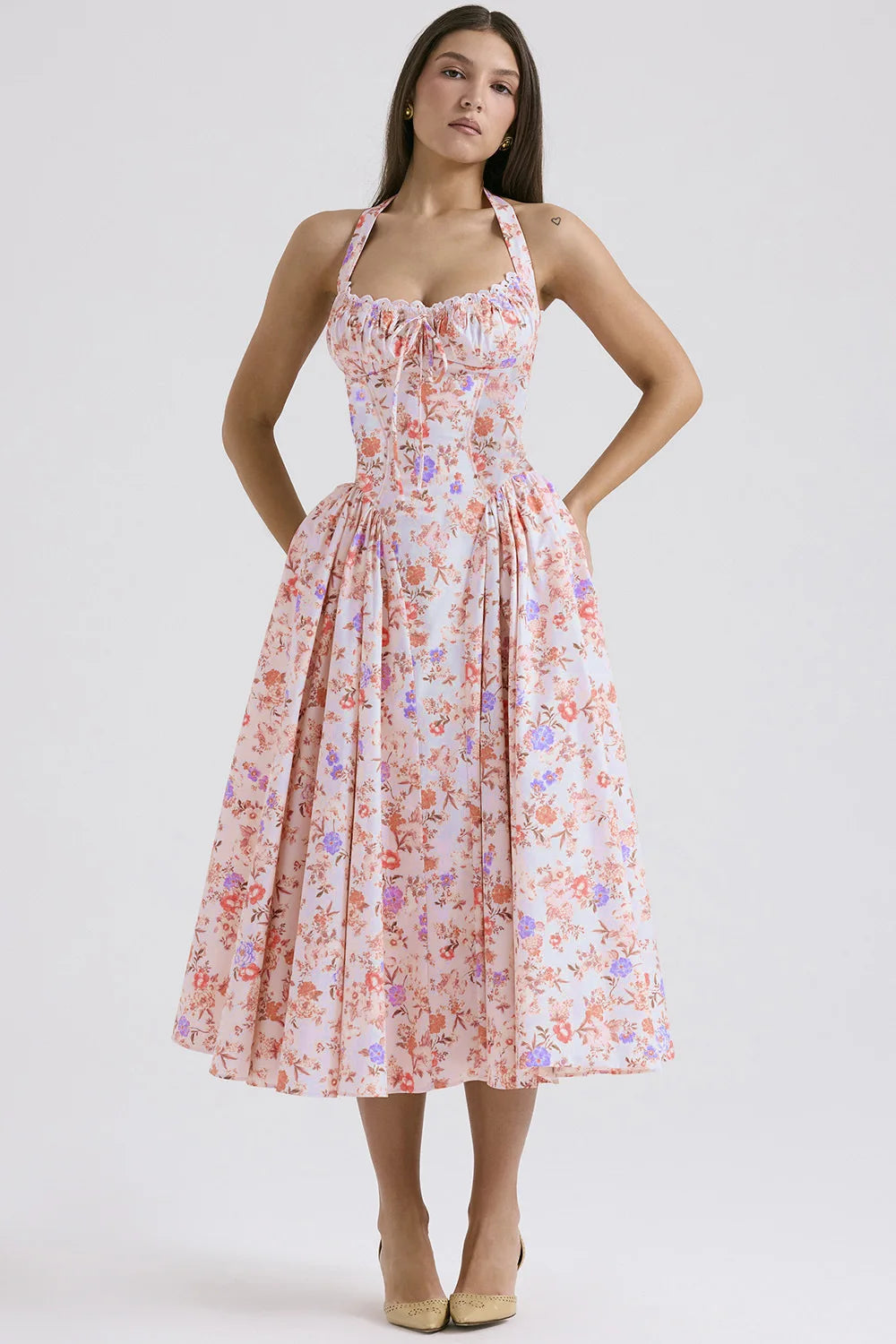 Vintage Floral Halter Midi Sundress Women's High Waist Pink Blue Black Red Dresses Summer Dresses Female Birthday Robe 2025 New