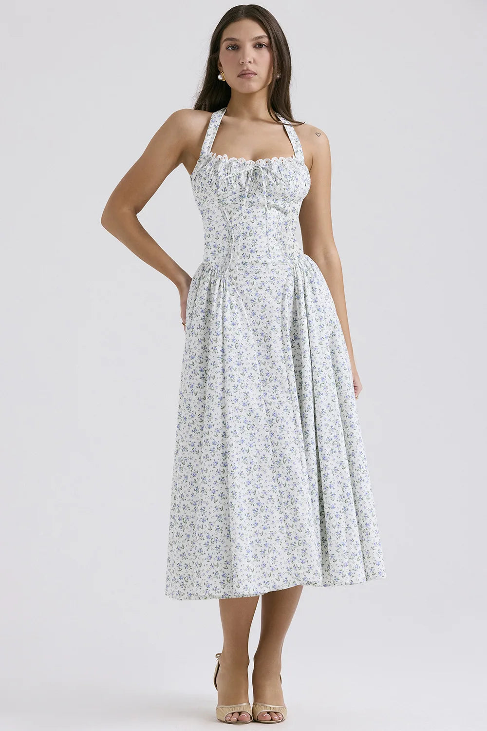 Vintage Floral Halter Midi Sundress Women's High Waist Pink Blue Black Red Dresses Summer Dresses Female Birthday Robe 2025 New
