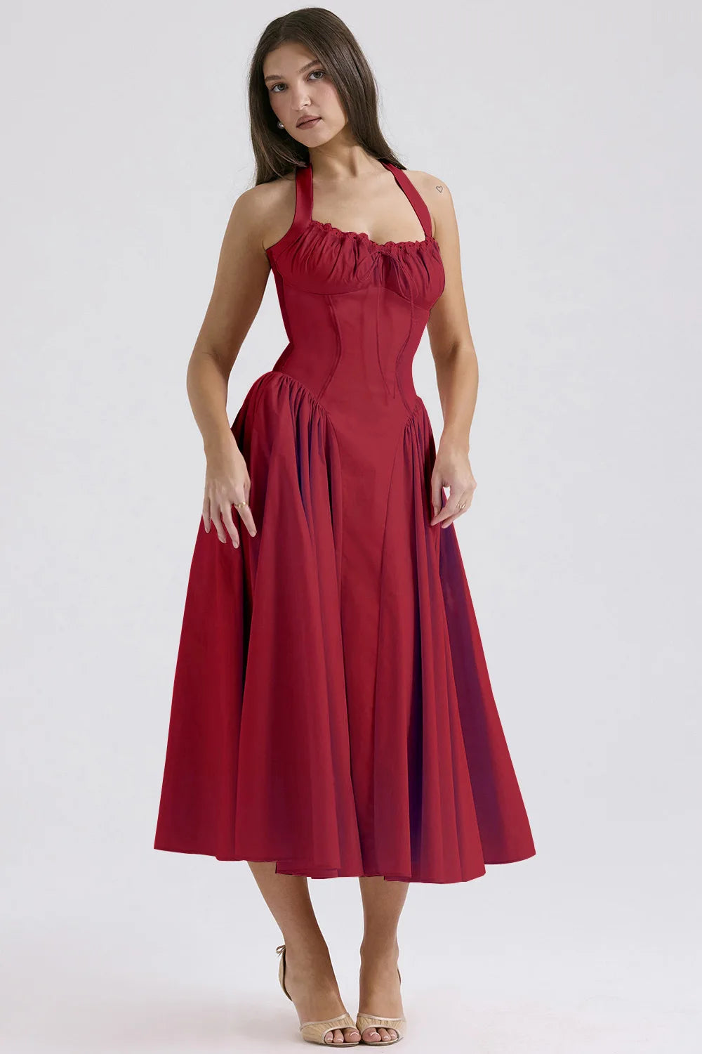 Vintage Floral Halter Midi Sundress Women's High Waist Pink Blue Black Red Dresses Summer Dresses Female Birthday Robe 2025 New