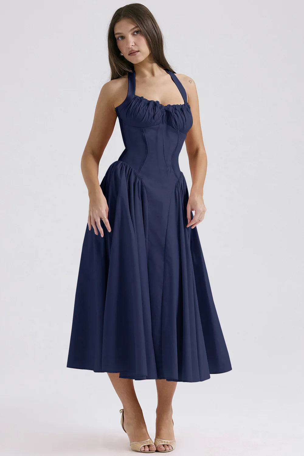 Vintage Floral Halter Midi Sundress Women's High Waist Pink Blue Black Red Dresses Summer Dresses Female Birthday Robe 2025 New