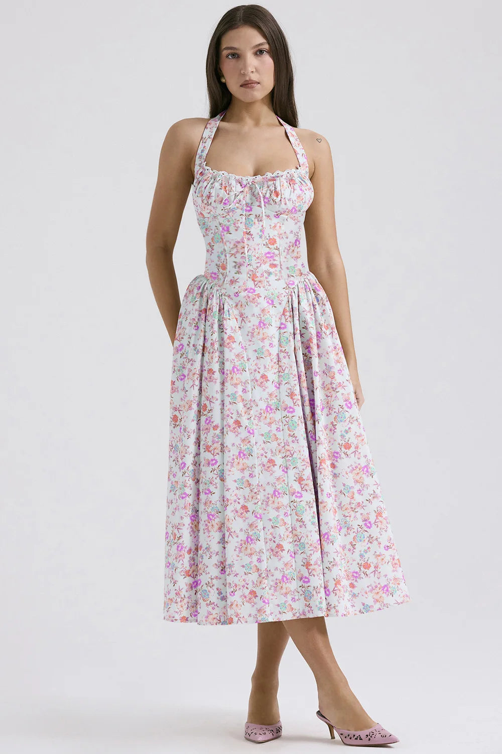 Vintage Floral Halter Midi Sundress Women's High Waist Pink Blue Black Red Dresses Summer Dresses Female Birthday Robe 2025 New