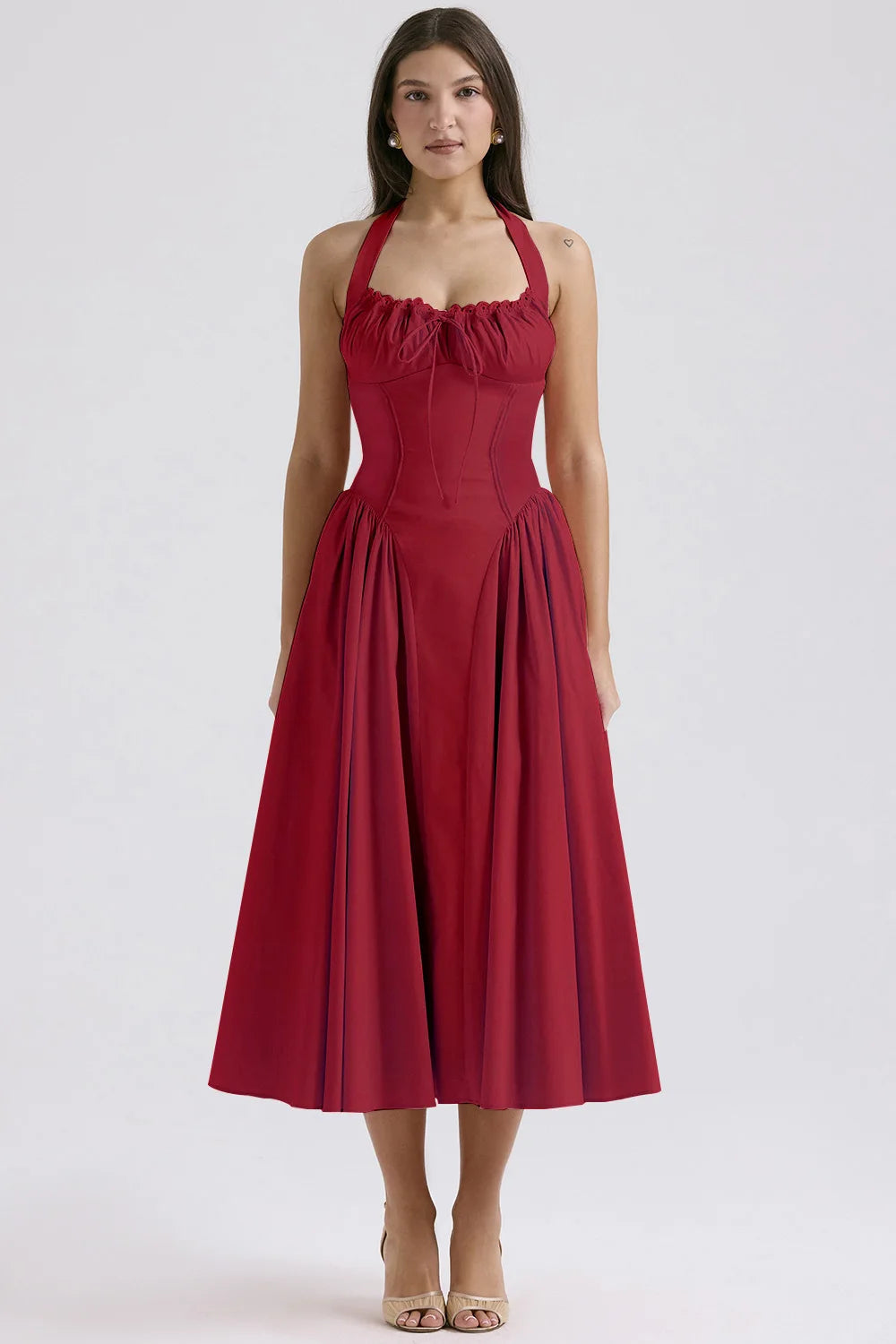 Vintage Floral Halter Midi Sundress Women's High Waist Pink Blue Black Red Dresses Summer Dresses Female Birthday Robe 2025 New