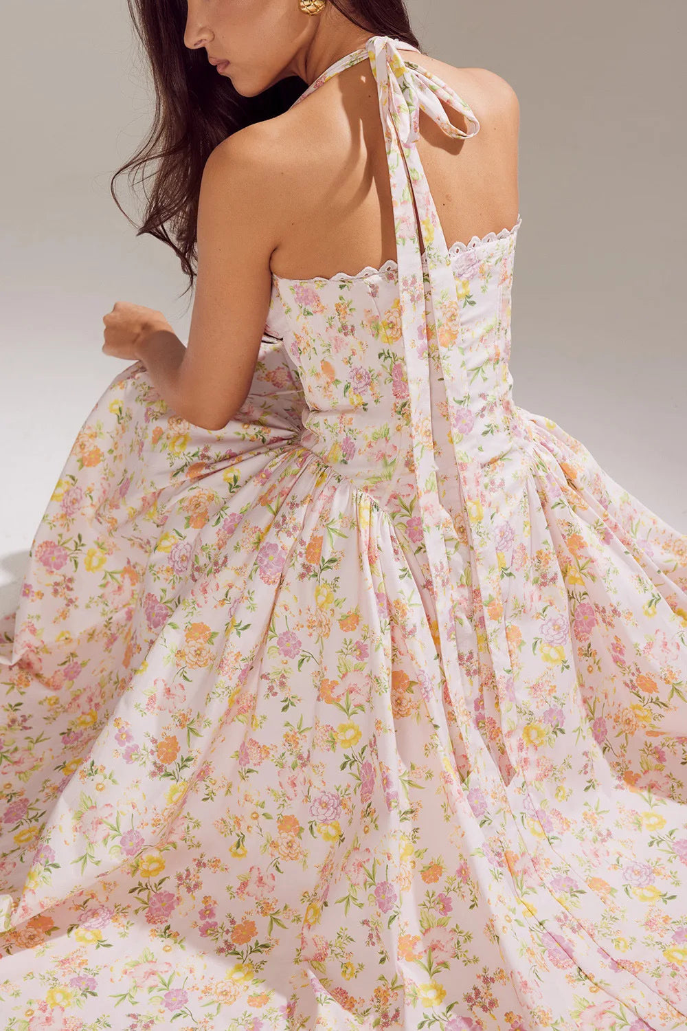 Vintage Floral Halter Midi Sundress Women's High Waist Pink Blue Black Red Dresses Summer Dresses Female Birthday Robe 2025 New