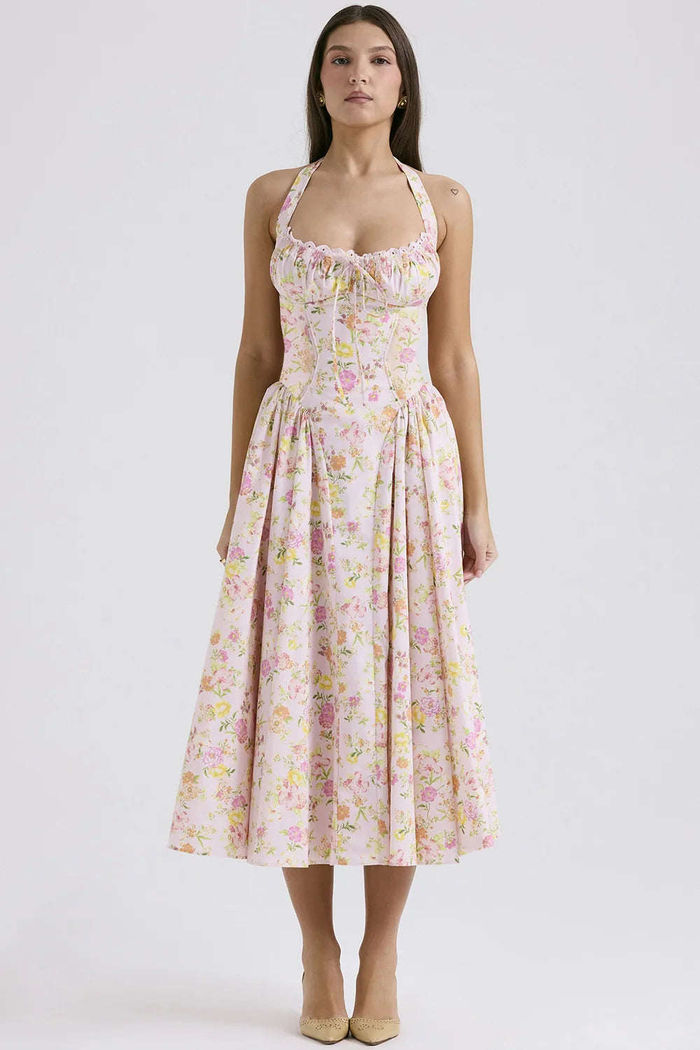 Vintage Floral Halter Midi Sundress Women's High Waist Pink Blue Black Red Dresses Summer Dresses Female Birthday Robe 2025 New
