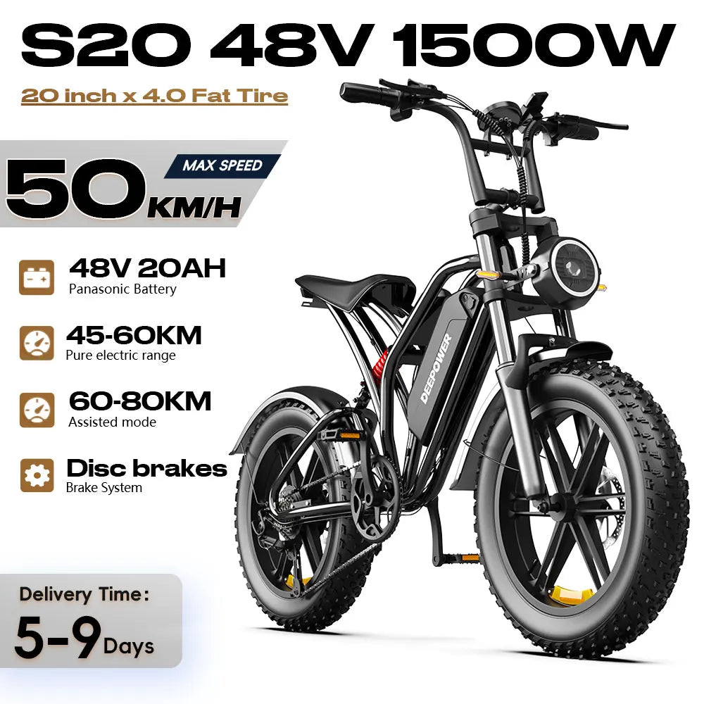 DEEPOWER S20 1500W Electric Bike S21 2000W Motor 48V 25AH Battery 20×4.0 Fat Tire Off-Road E-Bike Dual Shock Absorbers EU Stock