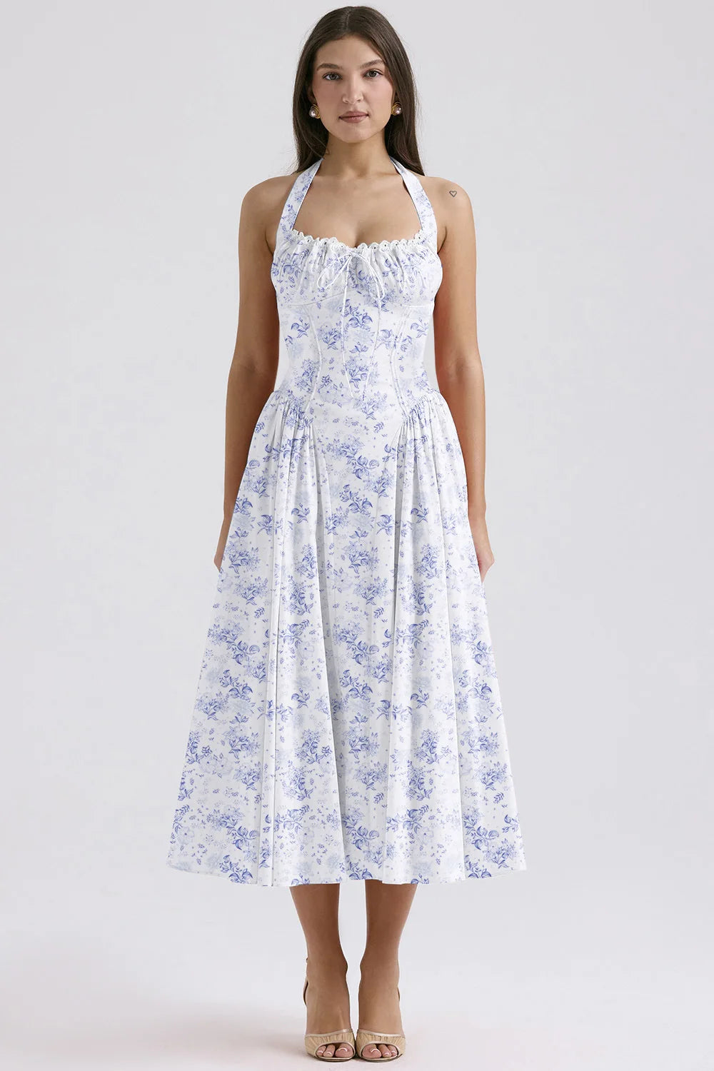 Vintage Floral Halter Midi Sundress Women's High Waist Pink Blue Black Red Dresses Summer Dresses Female Birthday Robe 2025 New