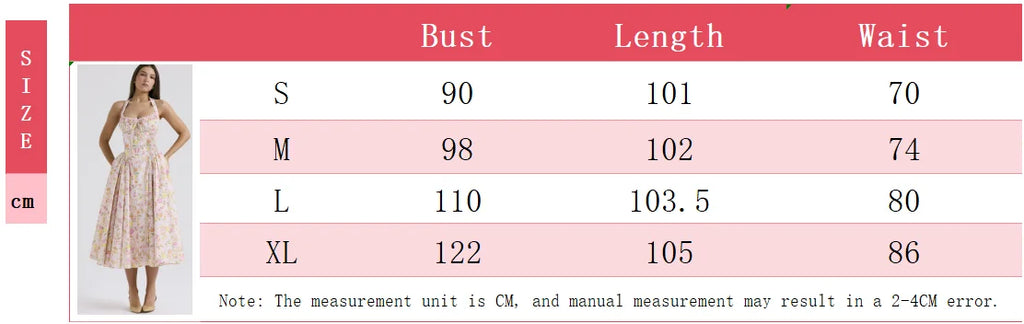 Vintage Floral Halter Midi Sundress Women's High Waist Pink Blue Black Red Dresses Summer Dresses Female Birthday Robe 2025 New