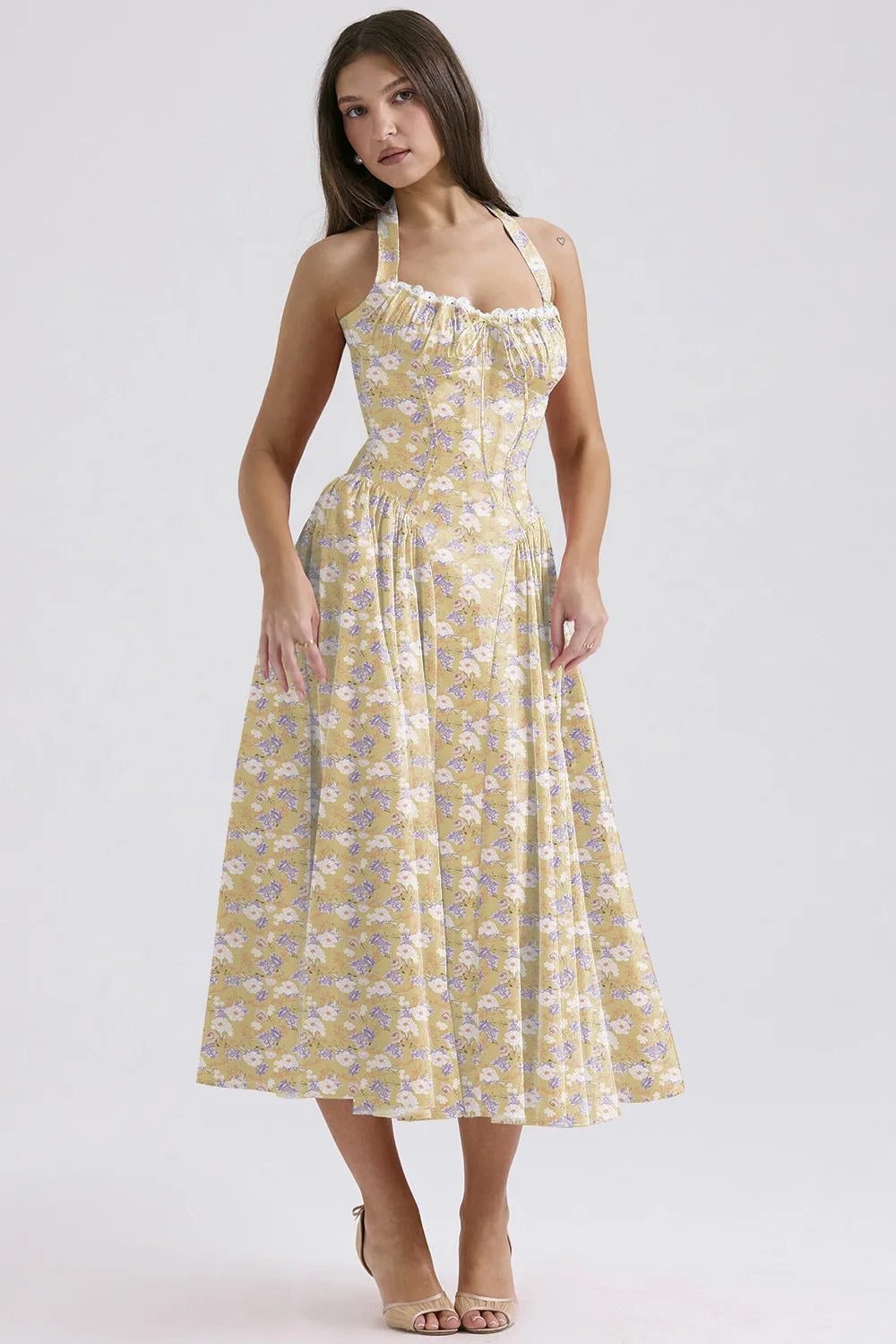 Vintage Floral Halter Midi Sundress Women's High Waist Pink Blue Black Red Dresses Summer Dresses Female Birthday Robe 2025 New