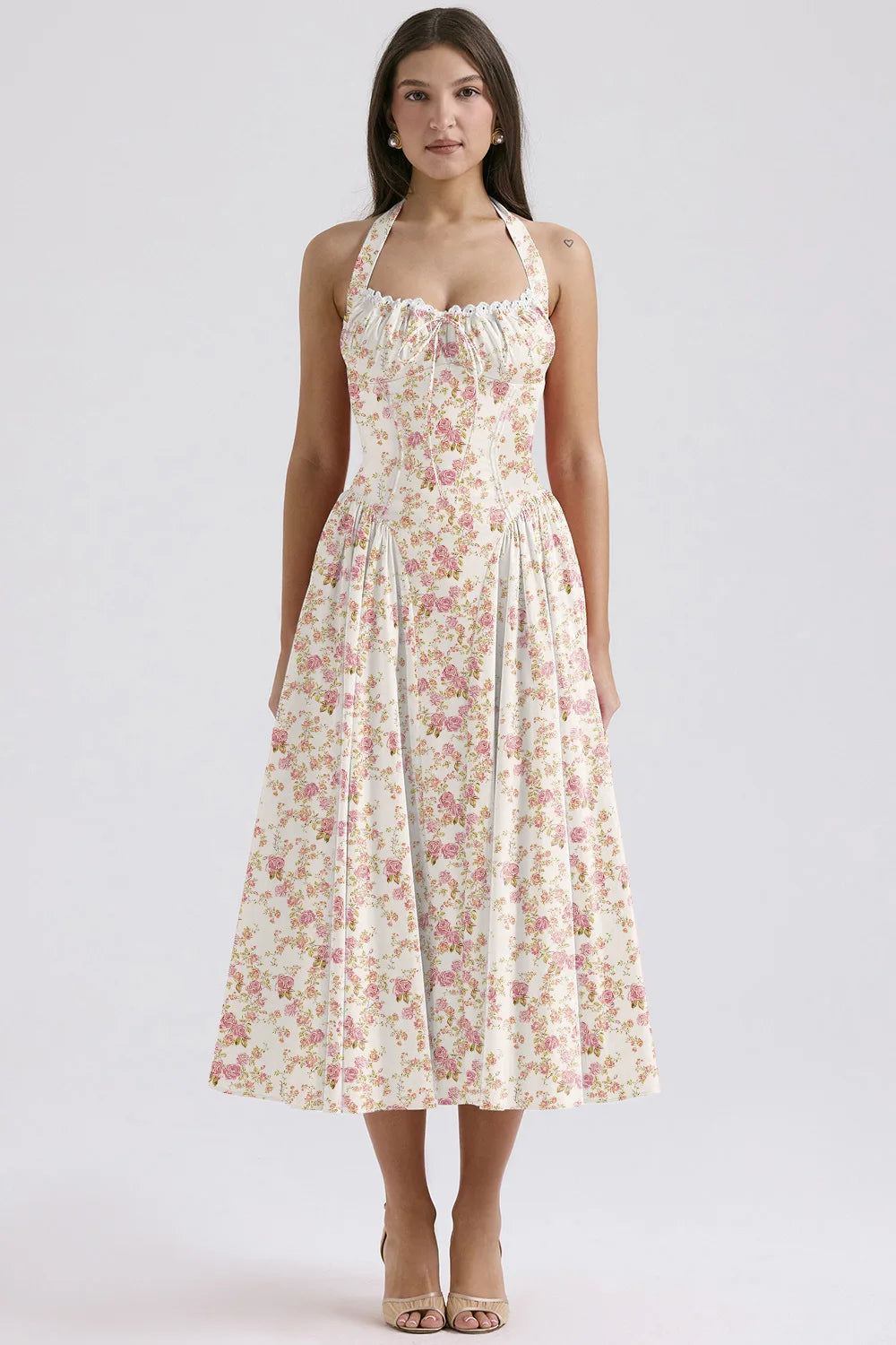 Vintage Floral Halter Midi Sundress Women's High Waist Pink Blue Black Red Dresses Summer Dresses Female Birthday Robe 2025 New