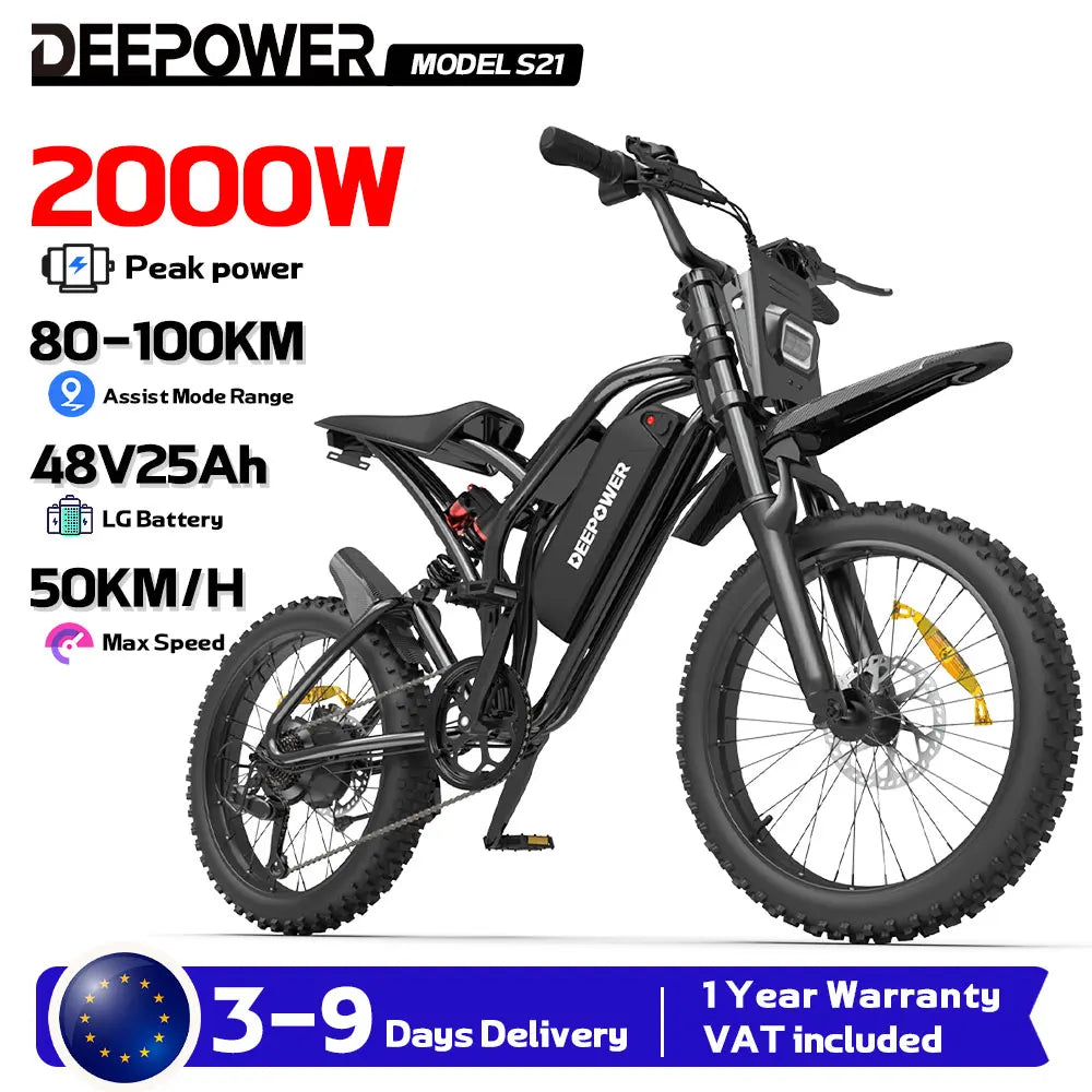 DEEPOWER S20 1500W Electric Bike S21 2000W Motor 48V 25AH Battery 20×4.0 Fat Tire Off-Road E-Bike Dual Shock Absorbers EU Stock