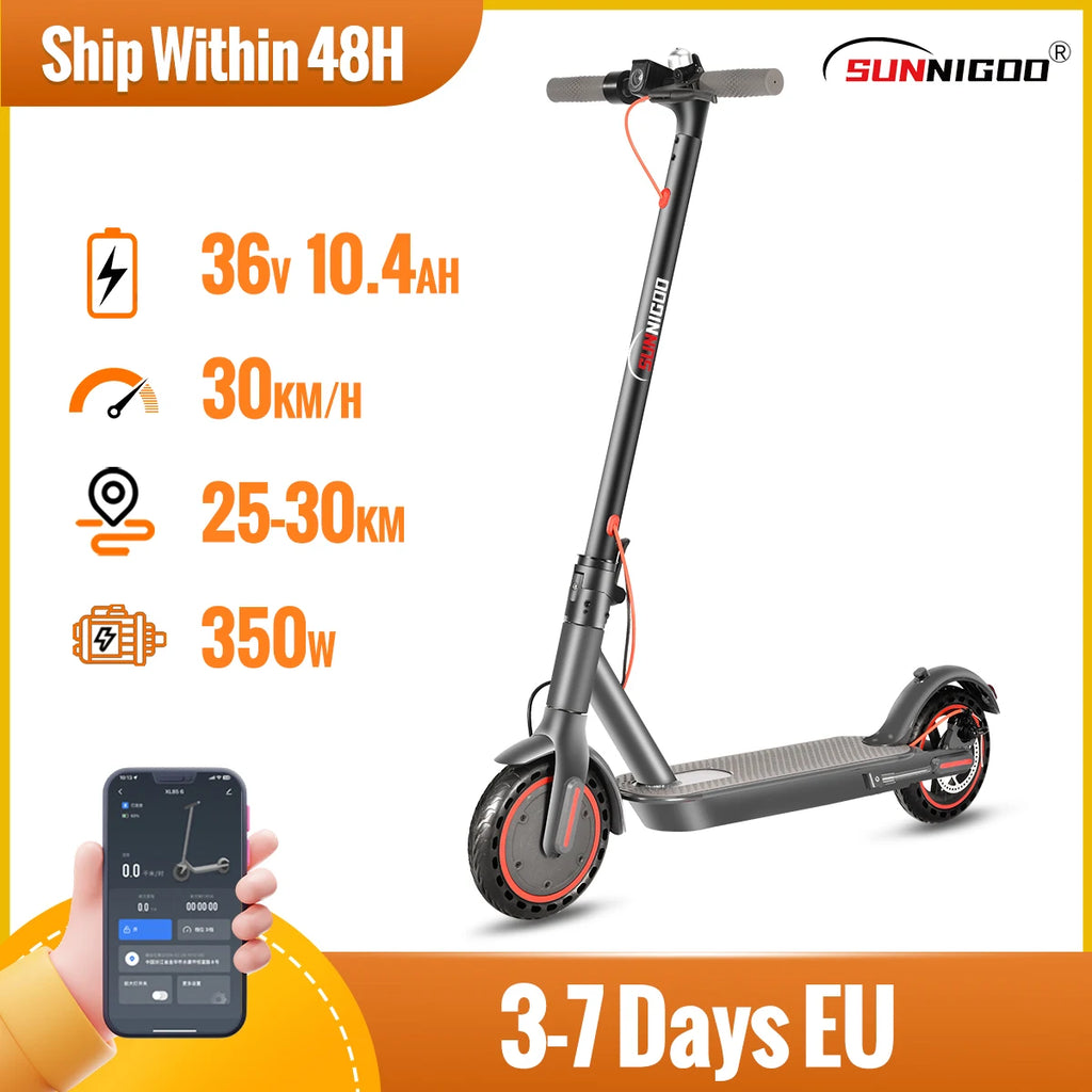 SUNNIGOO Adult Electric Scooter 36V 10.4Ah 350W Motor 30KM Long Range 30KM/H 8.5 Inch Solid Tires Foldable Smart APP EScooter