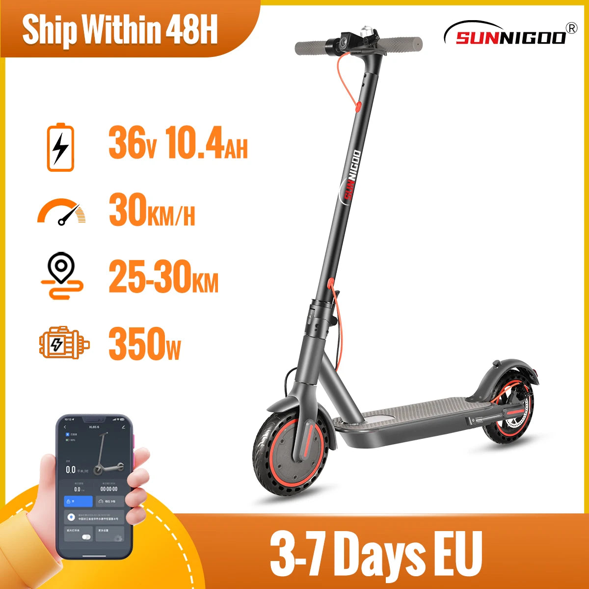 SUNNIGOO Adult Electric Scooter 36V 10.4Ah 350W Motor 30KM Long Range 30KM/H 8.5 Inch Solid Tires Foldable Smart APP EScooter