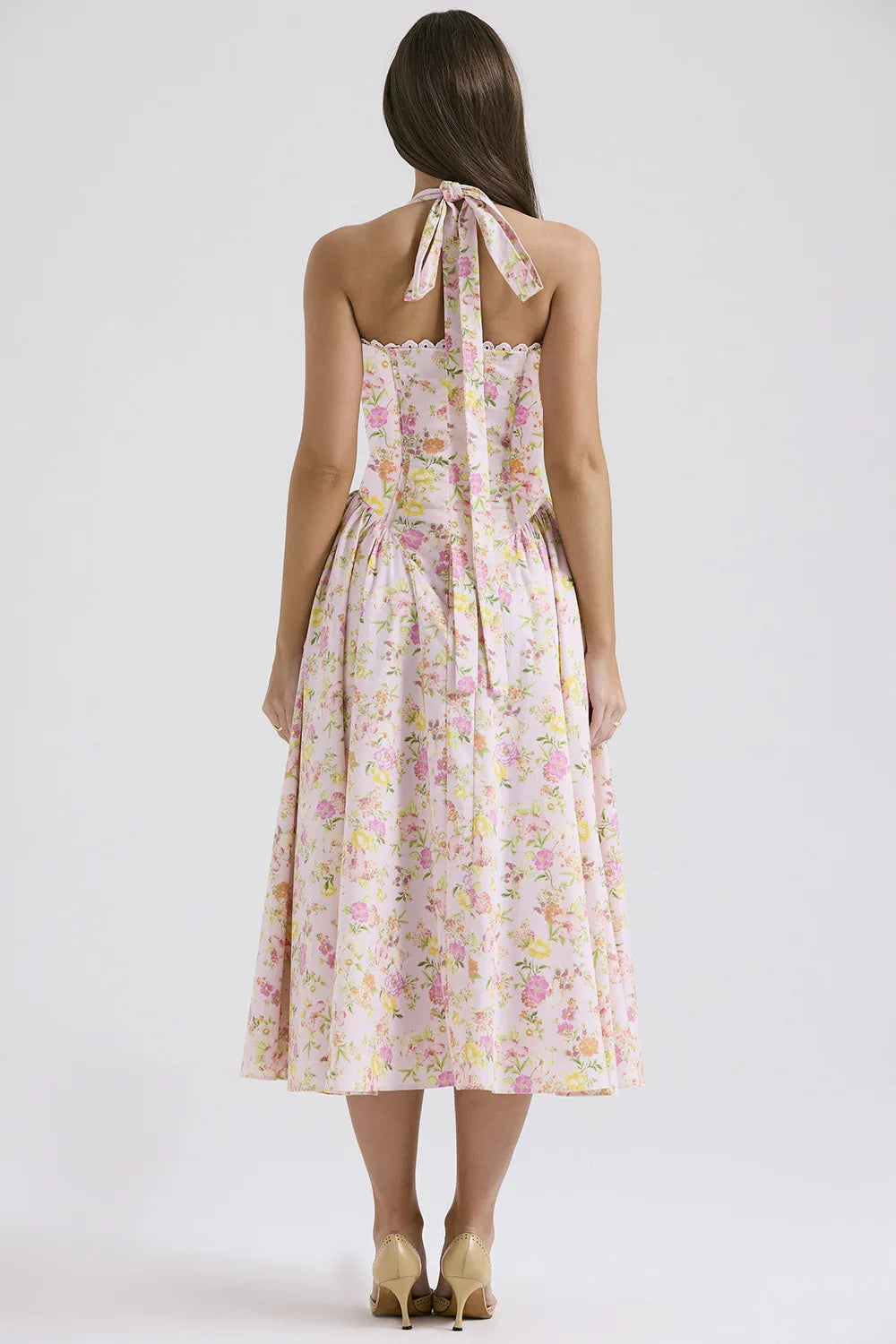 Vintage Floral Halter Midi Sundress Women's High Waist Pink Blue Black Red Dresses Summer Dresses Female Birthday Robe 2025 New
