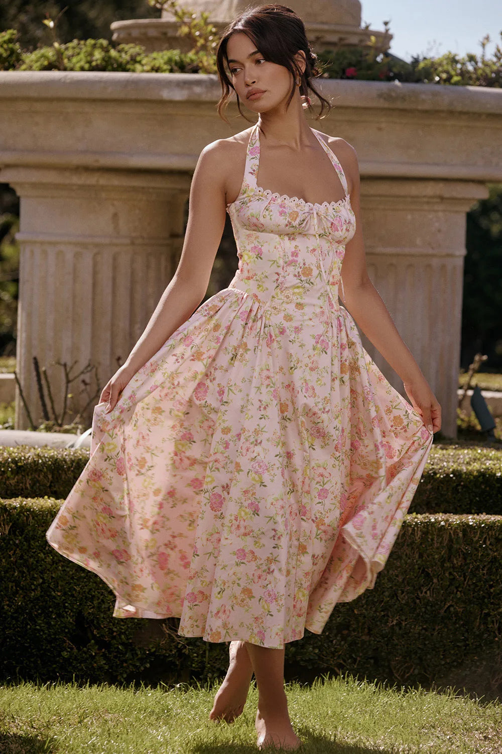 Vintage Floral Halter Midi Sundress Women's High Waist Pink Blue Black Red Dresses Summer Dresses Female Birthday Robe 2025 New