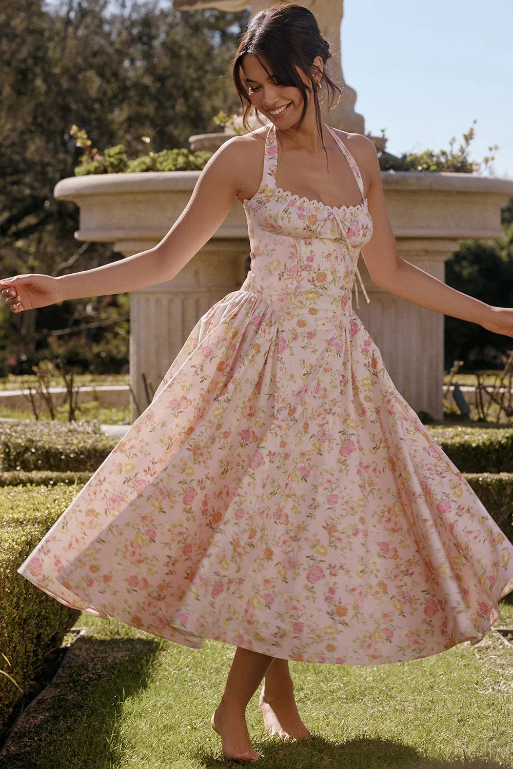 Vintage Floral Halter Midi Sundress Women's High Waist Pink Blue Black Red Dresses Summer Dresses Female Birthday Robe 2025 New