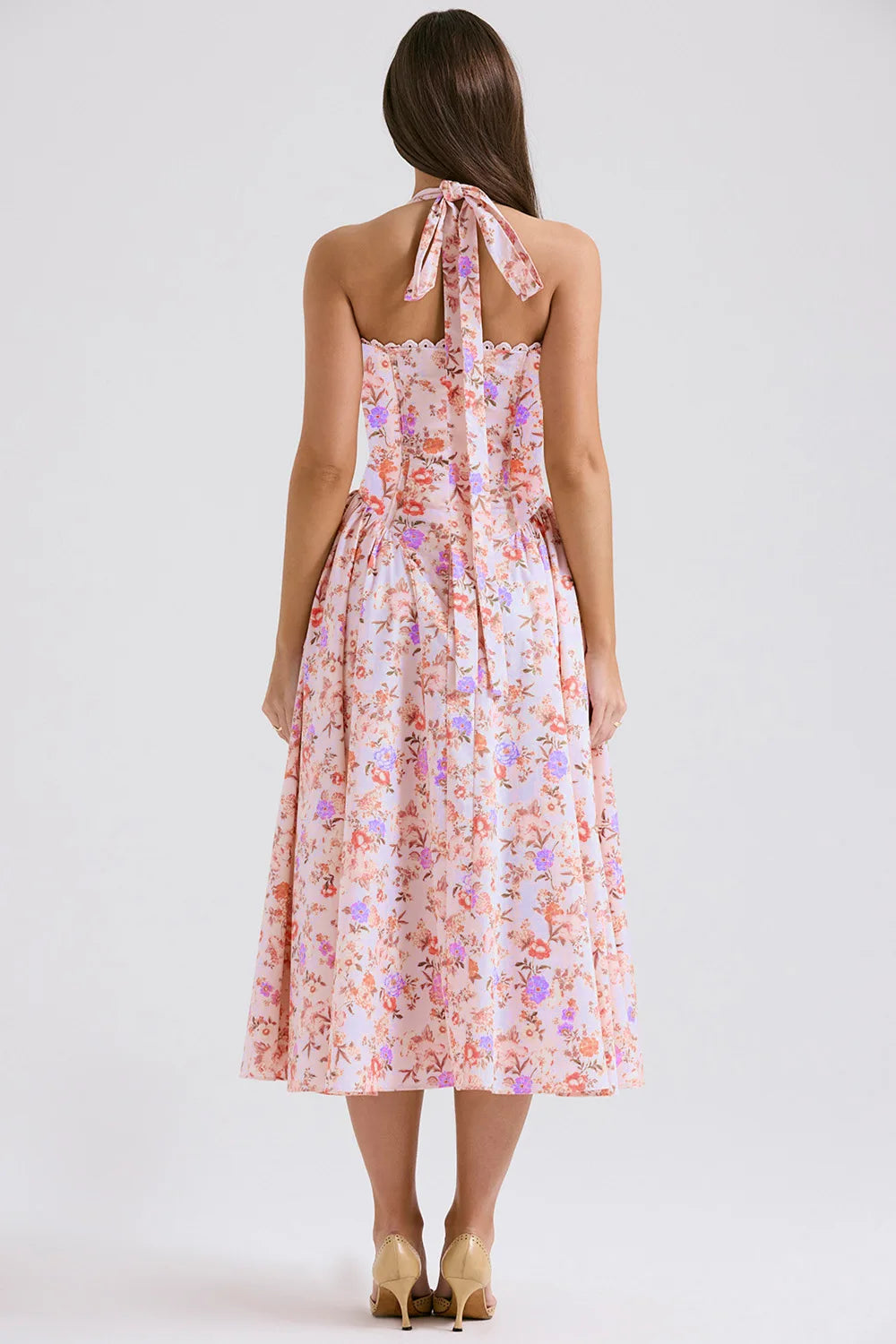 Vintage Floral Halter Midi Sundress Women's High Waist Pink Blue Black Red Dresses Summer Dresses Female Birthday Robe 2025 New