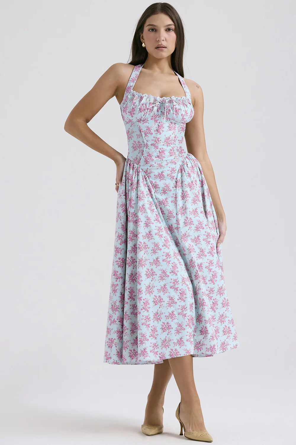 Vintage Floral Halter Midi Sundress Women's High Waist Pink Blue Black Red Dresses Summer Dresses Female Birthday Robe 2025 New