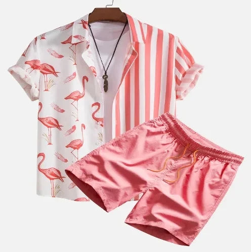 2024 Men Sets Print Patchwork Lapel Short Sleeve Casual Shirt Beach Shorts Summer Streetwear Vacation Hawaiian Suits Men S-5XL
