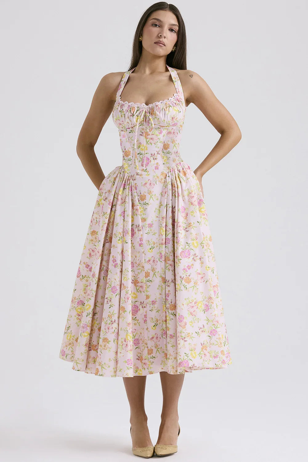 Vintage Floral Halter Midi Sundress Women's High Waist Pink Blue Black Red Dresses Summer Dresses Female Birthday Robe 2025 New