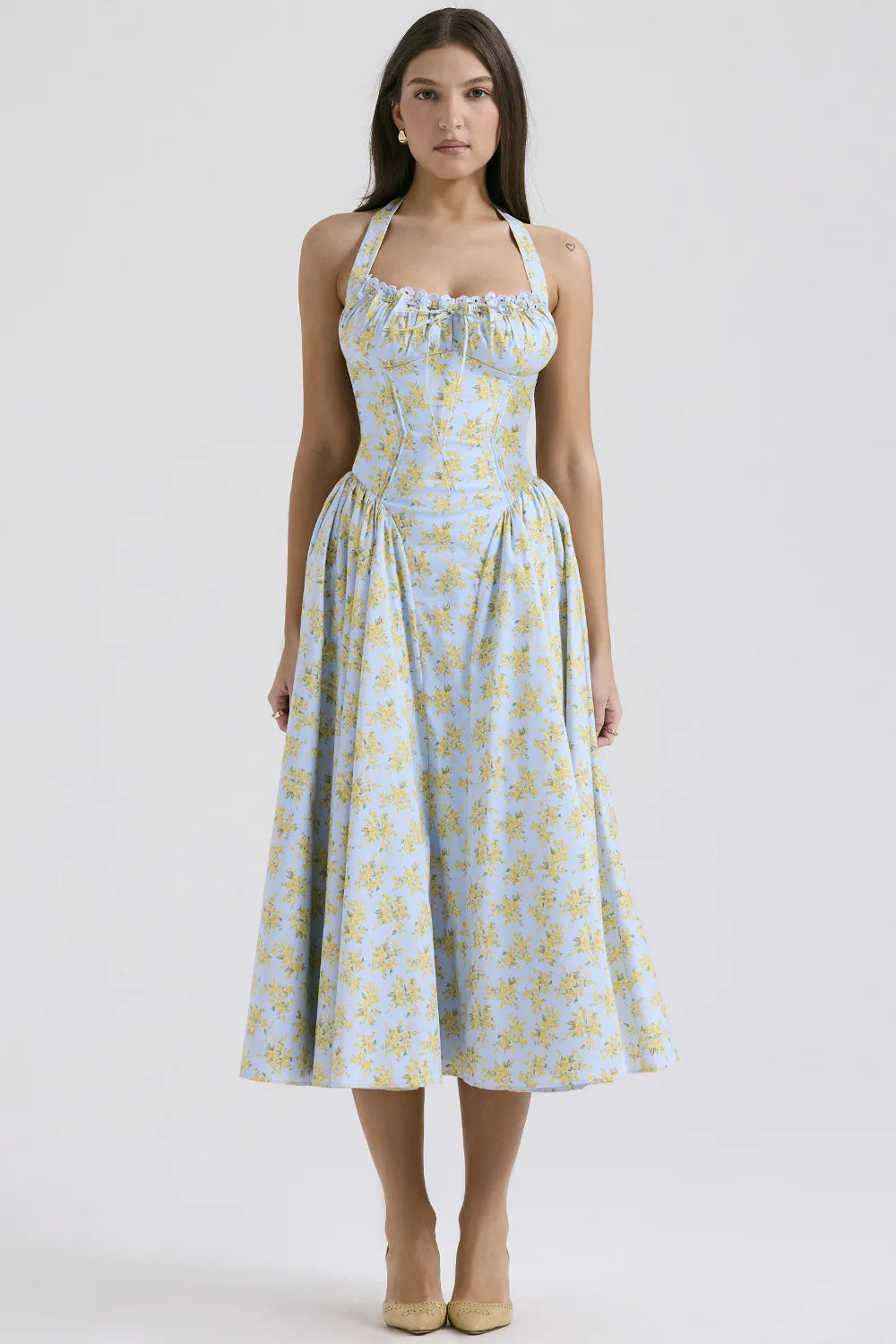 Vintage Floral Halter Midi Sundress Women's High Waist Pink Blue Black Red Dresses Summer Dresses Female Birthday Robe 2025 New