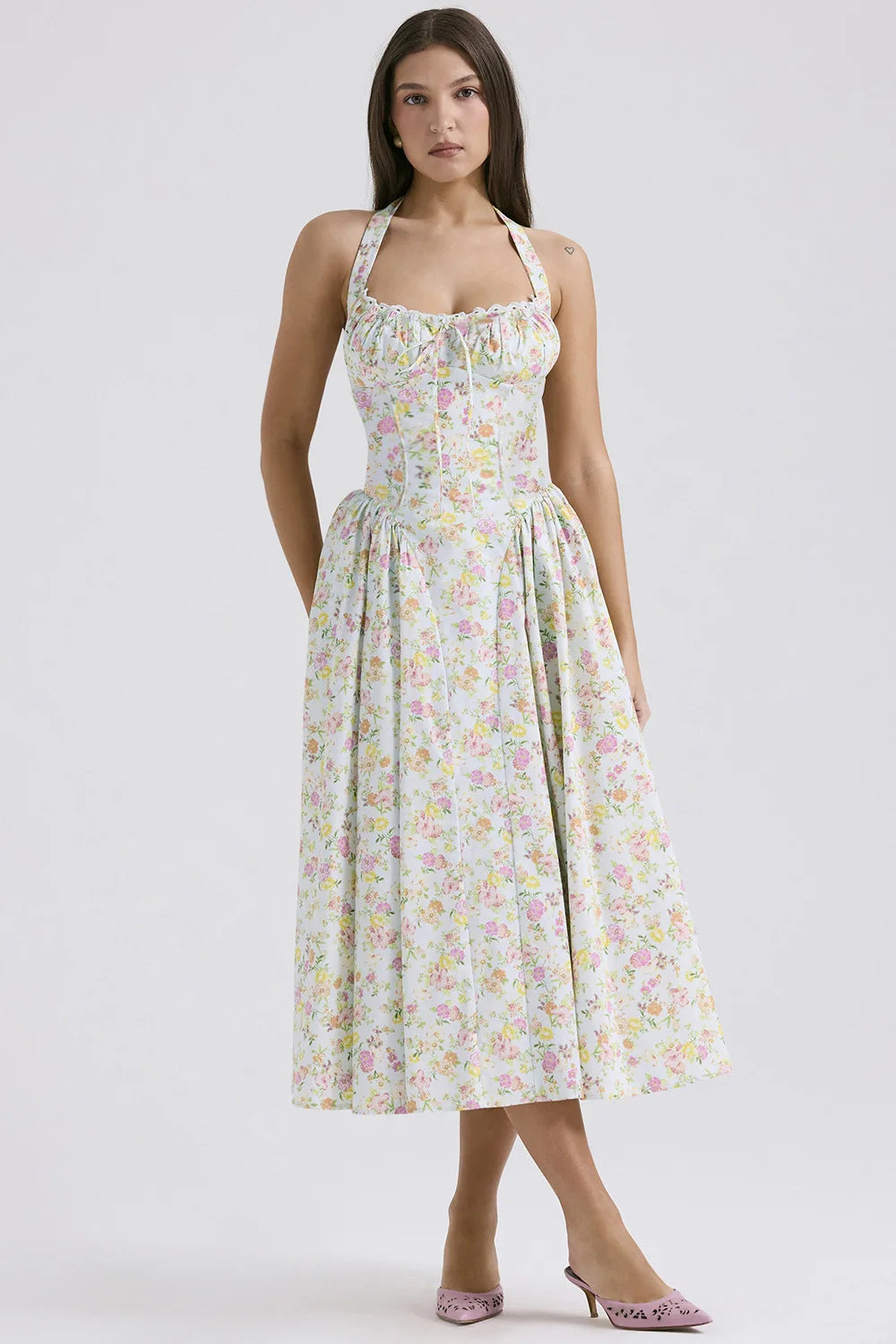 Vintage Floral Halter Midi Sundress Women's High Waist Pink Blue Black Red Dresses Summer Dresses Female Birthday Robe 2025 New