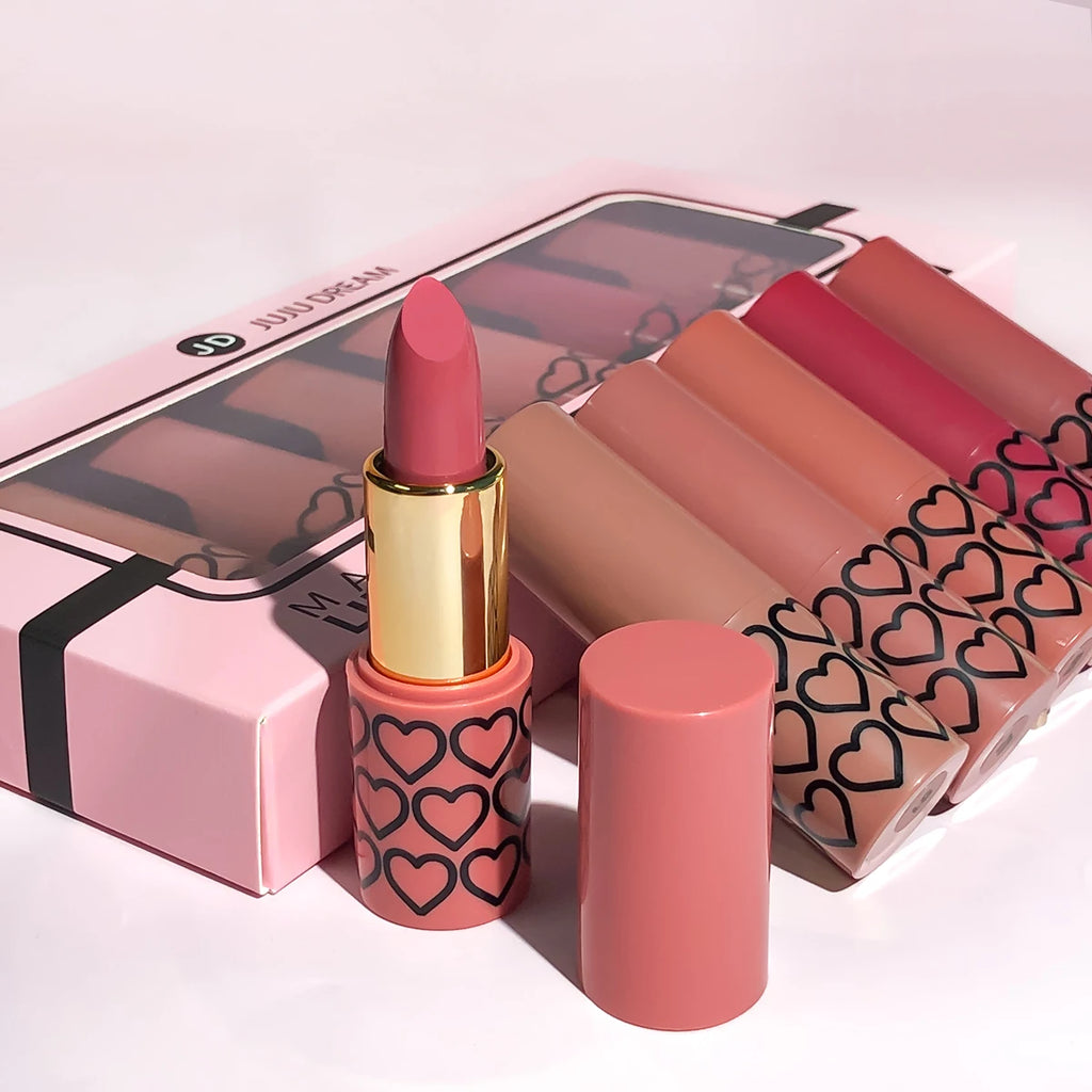 6 lipsticks matte nude box, raincoats, long hold, easy to apply, high pigmentation, do not stain cups, make-up set for lips, ideal as gift.