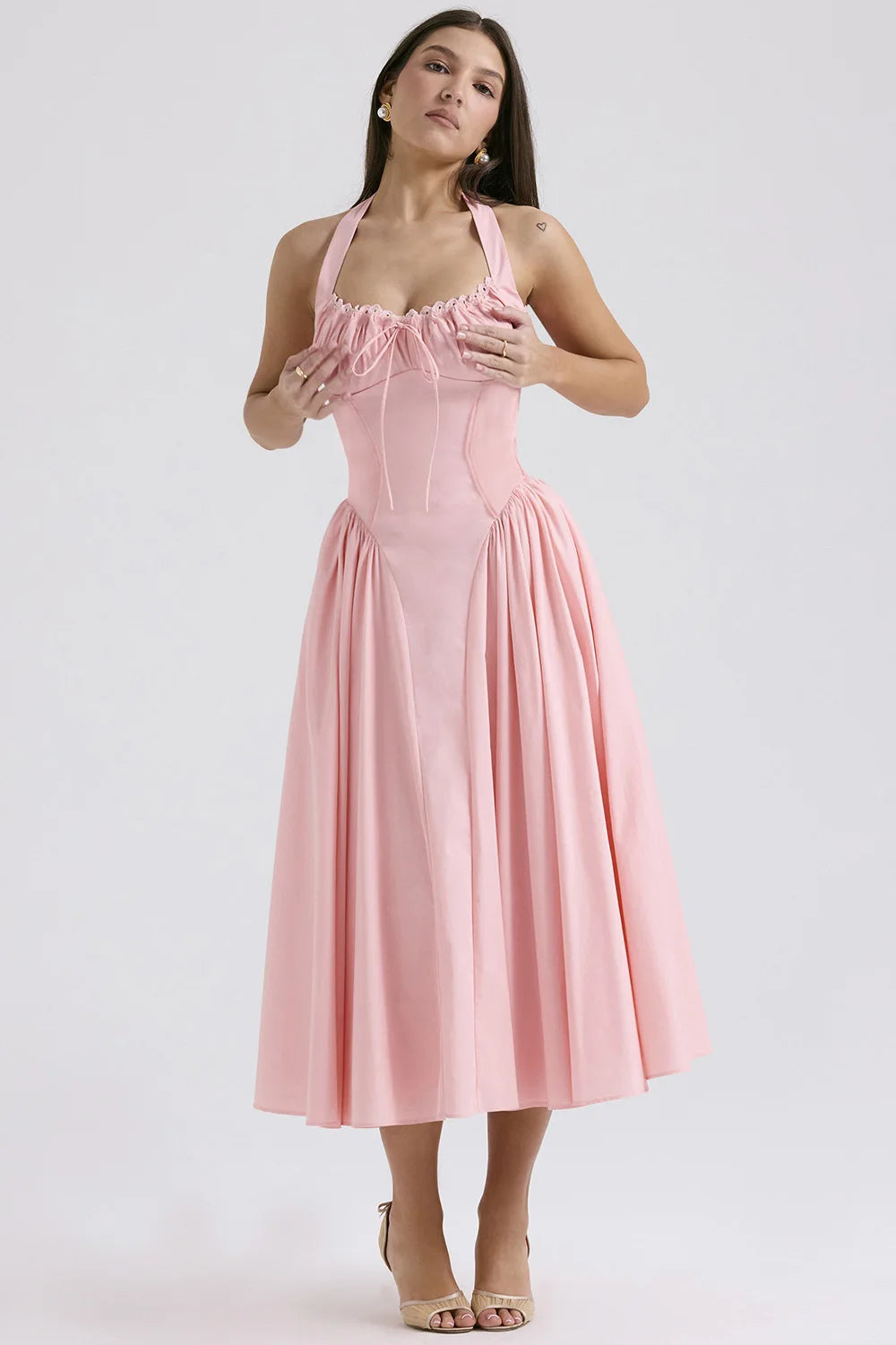 Vintage Floral Halter Midi Sundress Women's High Waist Pink Blue Black Red Dresses Summer Dresses Female Birthday Robe 2025 New