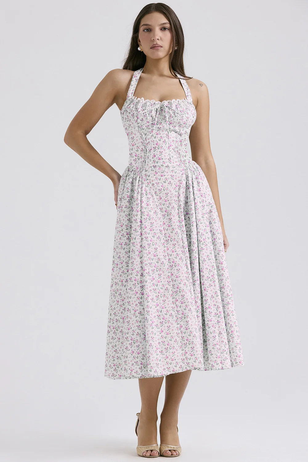Vintage Floral Halter Midi Sundress Women's High Waist Pink Blue Black Red Dresses Summer Dresses Female Birthday Robe 2025 New
