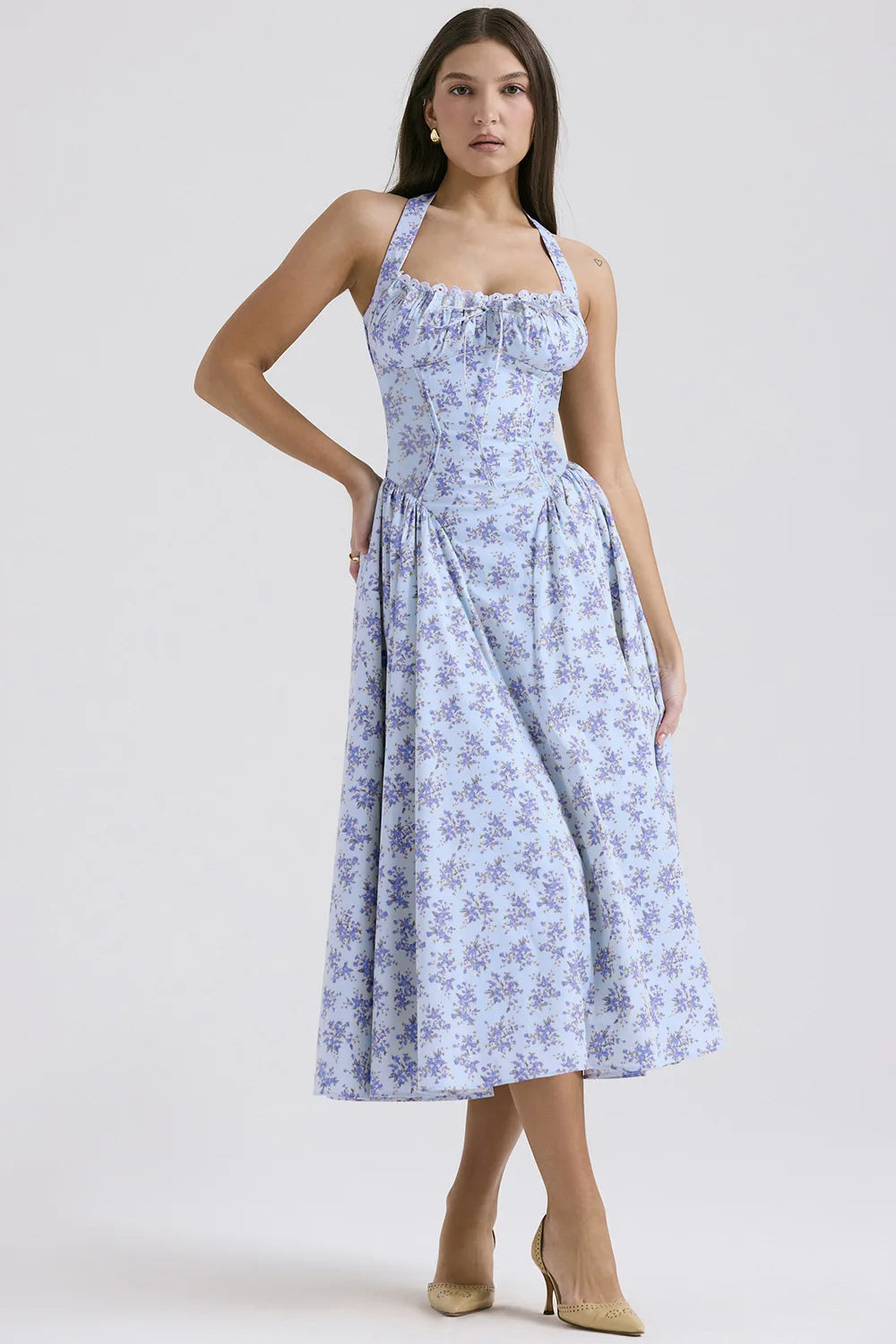 Vintage Floral Halter Midi Sundress Women's High Waist Pink Blue Black Red Dresses Summer Dresses Female Birthday Robe 2025 New