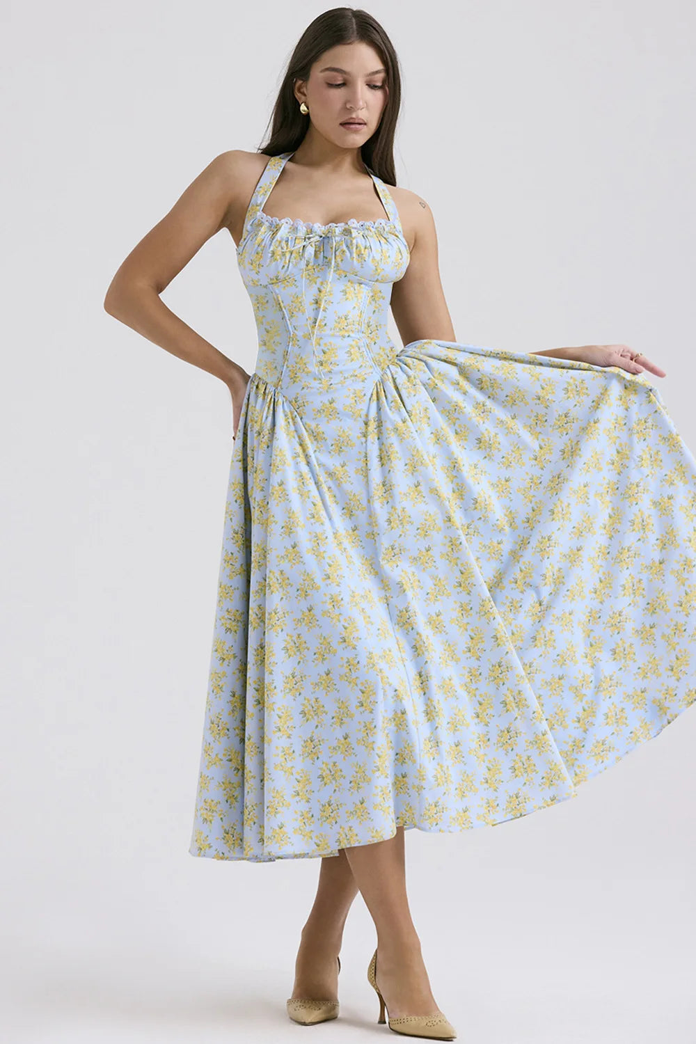 Vintage Floral Halter Midi Sundress Women's High Waist Pink Blue Black Red Dresses Summer Dresses Female Birthday Robe 2025 New