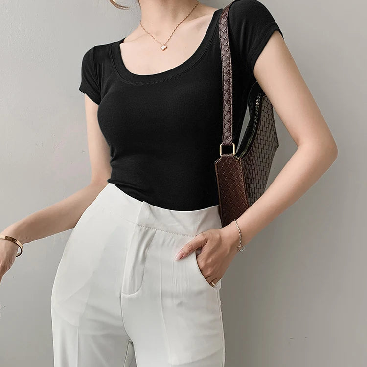 AOSSVIAO 100% Cotton T Shirt Women Summer New Slim Solid Basic Tees 16 Color Casual Tshirt Korean O Neck Khaki Tops