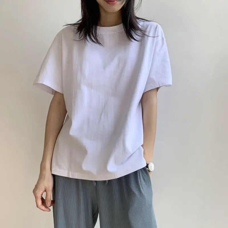 Summer Casual 100% Cotton Regular-Fit Women Crew Neck Basic White T-Shirts