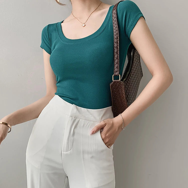 AOSSVIAO 100% Cotton T Shirt Women Summer New Slim Solid Basic Tees 16 Color Casual Tshirt Korean O Neck Khaki Tops