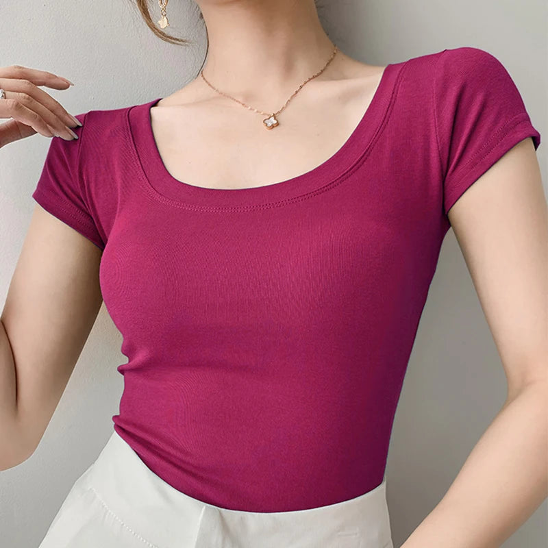 AOSSVIAO 100% Cotton T Shirt Women Summer New Slim Solid Basic Tees 16 Color Casual Tshirt Korean O Neck Khaki Tops