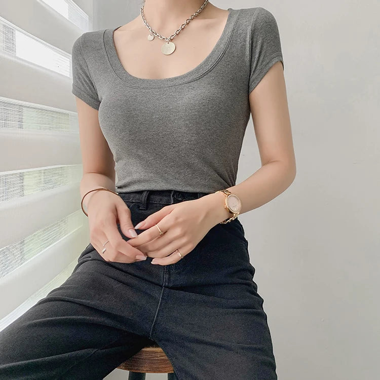 AOSSVIAO 100% Cotton T Shirt Women Summer New Slim Solid Basic Tees 16 Color Casual Tshirt Korean O Neck Khaki Tops