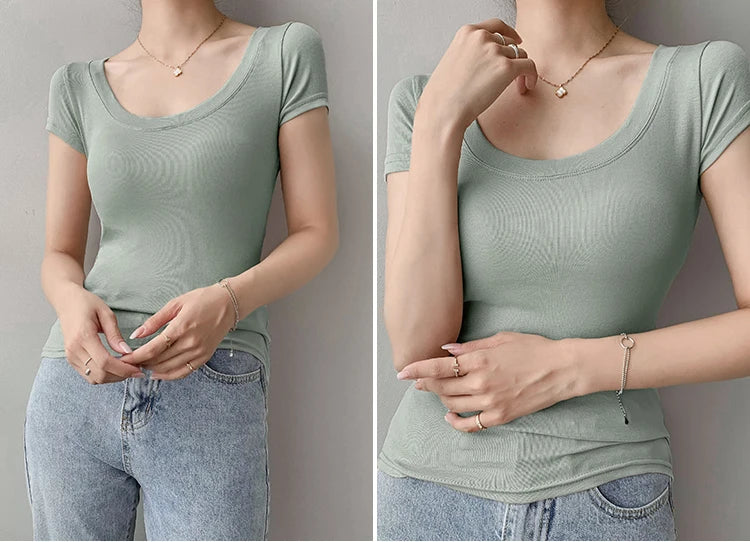 AOSSVIAO 100% Cotton T Shirt Women Summer New Slim Solid Basic Tees 16 Color Casual Tshirt Korean O Neck Khaki Tops