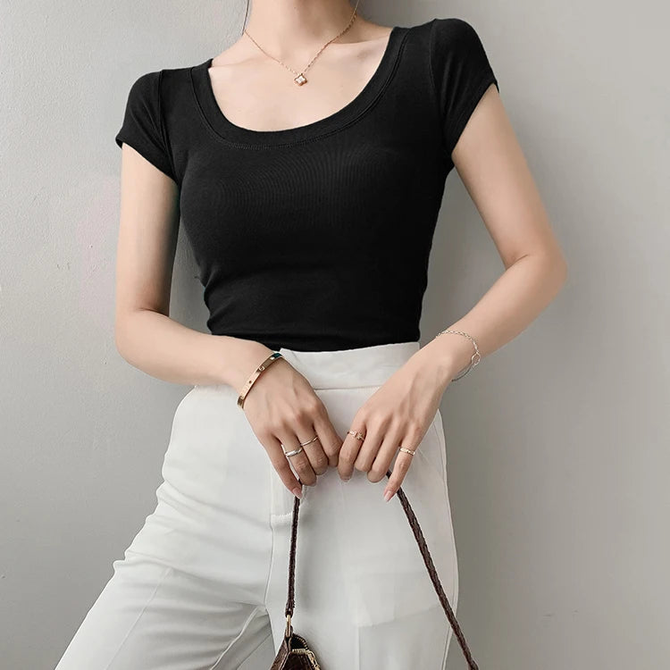 AOSSVIAO 100% Cotton T Shirt Women Summer New Slim Solid Basic Tees 16 Color Casual Tshirt Korean O Neck Khaki Tops