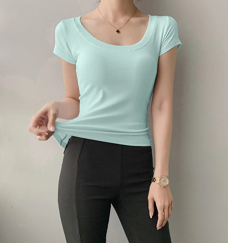 AOSSVIAO 100% Cotton T Shirt Women Summer New Slim Solid Basic Tees 16 Color Casual Tshirt Korean O Neck Khaki Tops