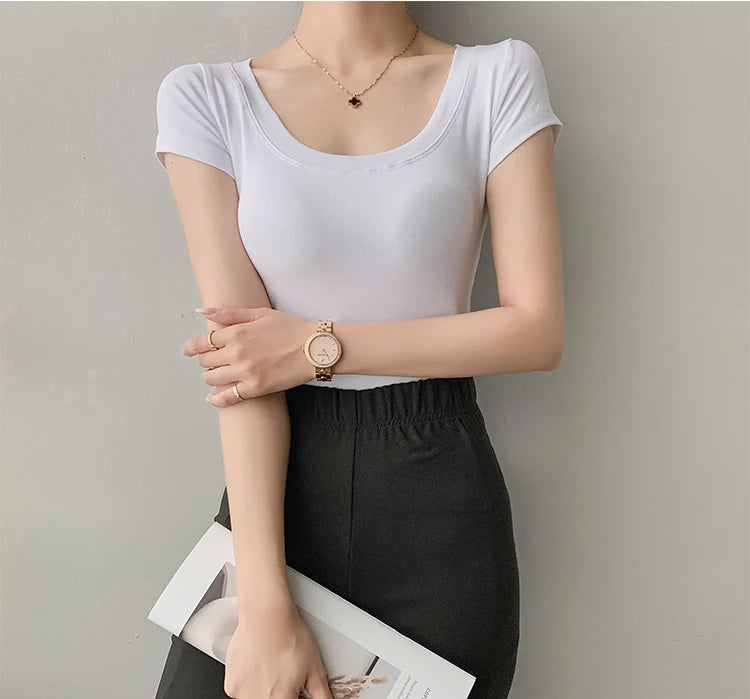 AOSSVIAO 100% Cotton T Shirt Women Summer New Slim Solid Basic Tees 16 Color Casual Tshirt Korean O Neck Khaki Tops