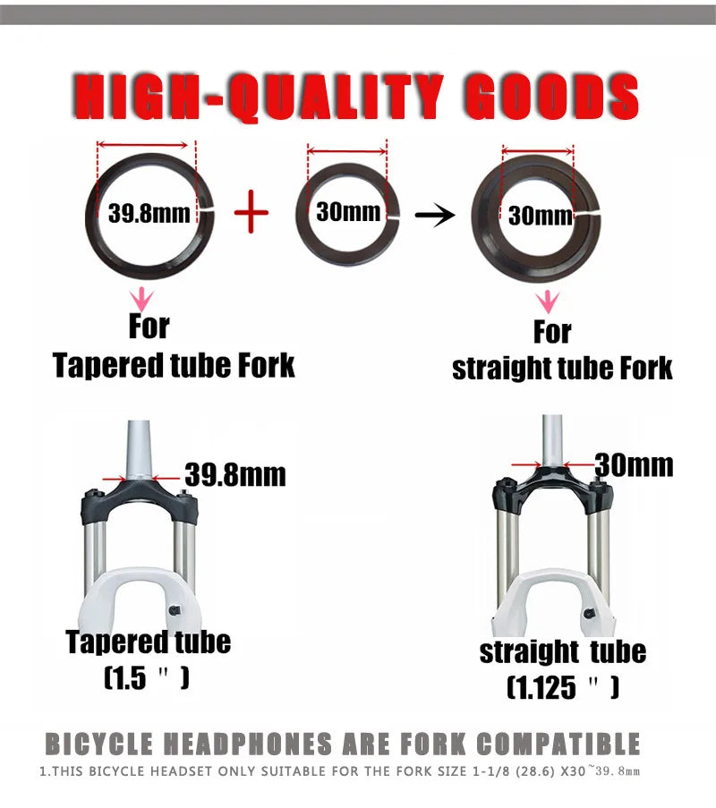1-1/8 Bicycle Headset 44x28.6 & 55/56x39.8/30MM Tapered 28.6 Straight Tube Bike Fork Internal Steering 2 Bearing Pads