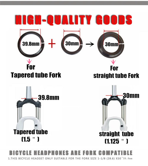 1-1/8 Bicycle Headset 44x28.6 & 55/56x39.8/30MM Tapered 28.6 Straight Tube Bike Fork Internal Steering 2 Bearing Pads