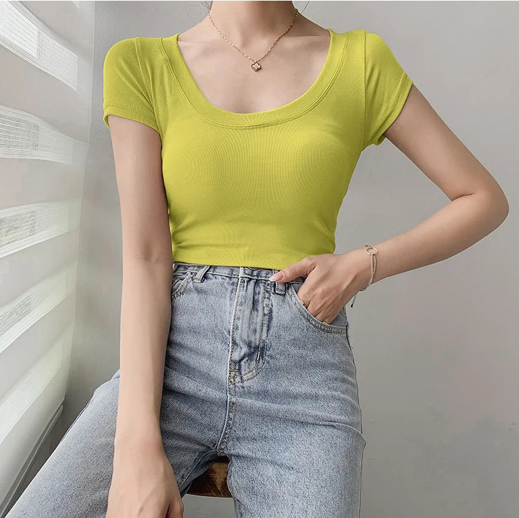 AOSSVIAO 100% Cotton T Shirt Women Summer New Slim Solid Basic Tees 16 Color Casual Tshirt Korean O Neck Khaki Tops