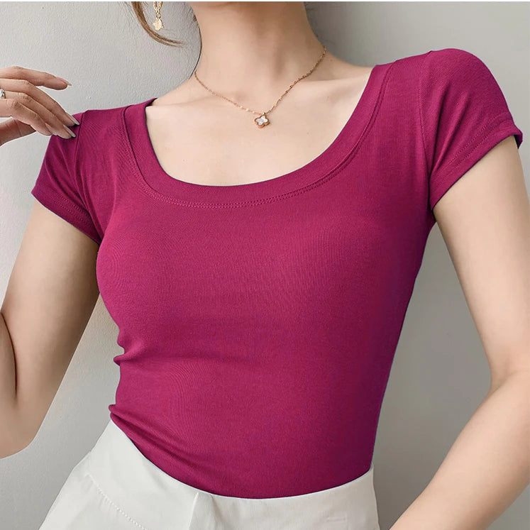 AOSSVIAO 100% Cotton T Shirt Women Summer New Slim Solid Basic Tees 16 Color Casual Tshirt Korean O Neck Khaki Tops