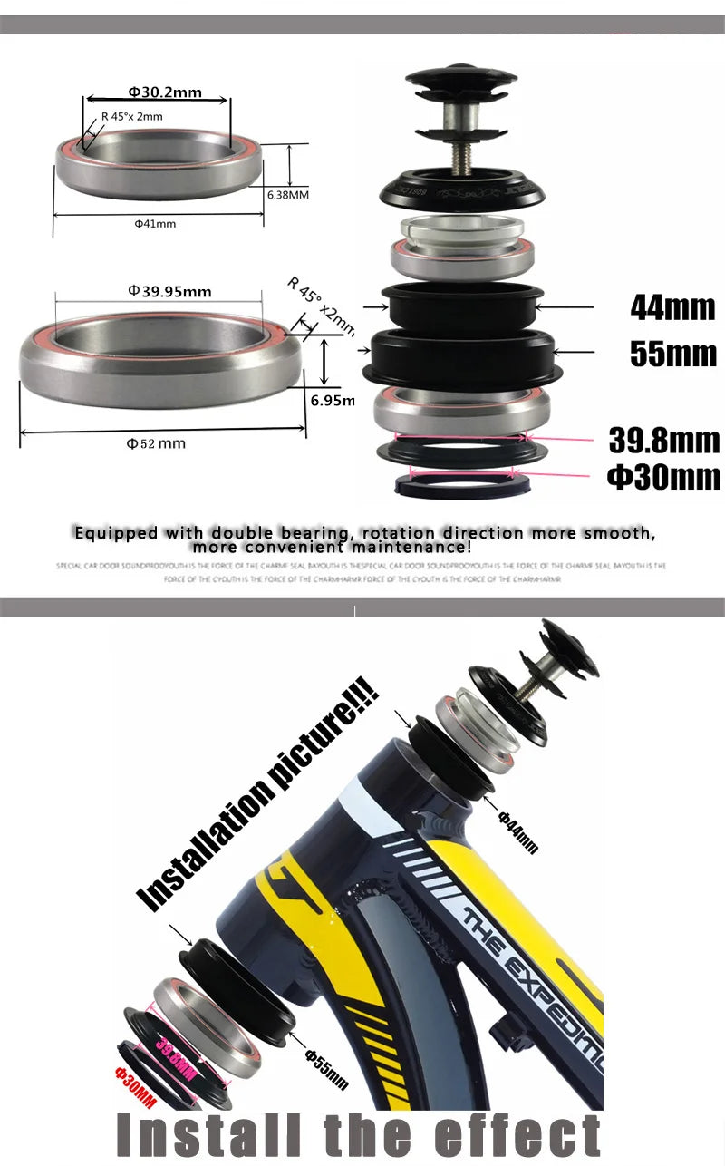 1-1/8 Bicycle Headset 44x28.6 & 55/56x39.8/30MM Tapered 28.6 Straight Tube Bike Fork Internal Steering 2 Bearing Pads
