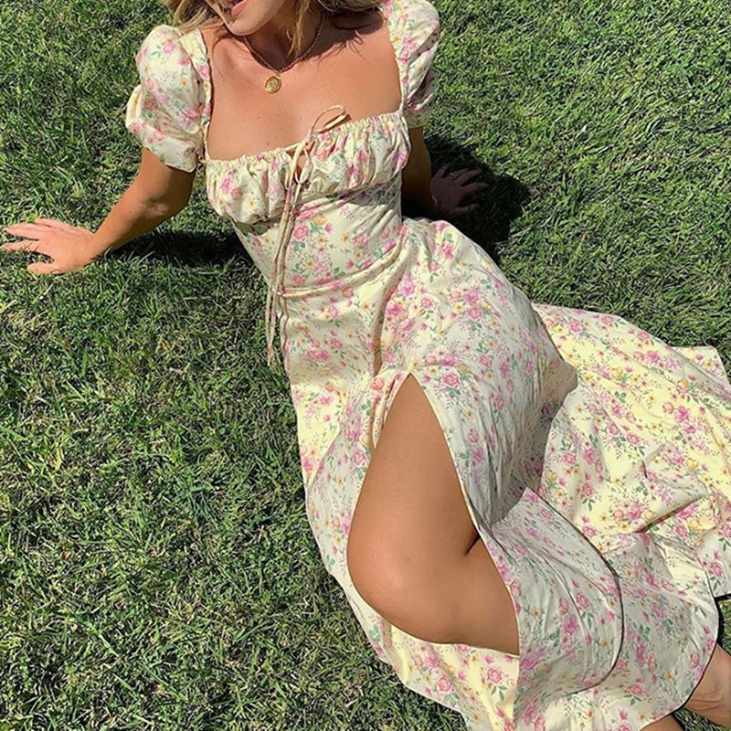 Women Floral Print Split Dress Sweet Puff Short Sleeve Square Collar Slim Fit Maxi Dress Holiday Summer Casual Sexy A-Line Dress