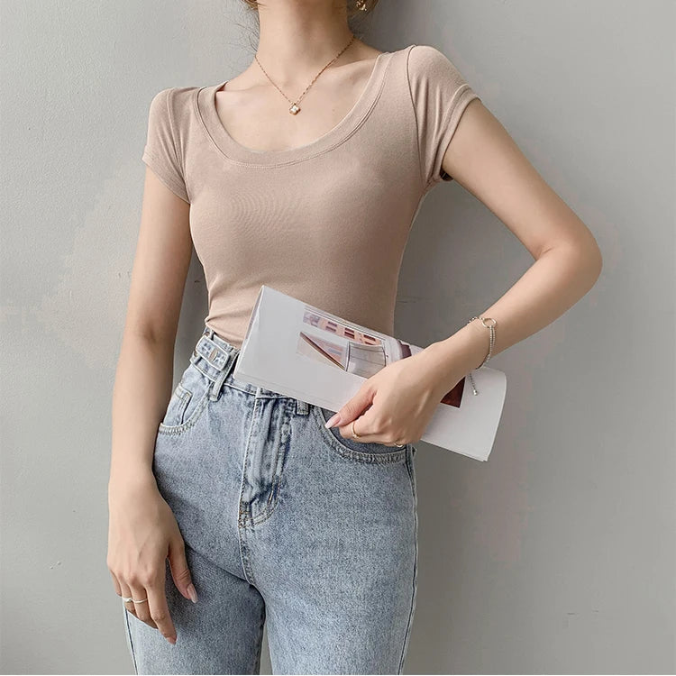 AOSSVIAO 100% Cotton T Shirt Women Summer New Slim Solid Basic Tees 16 Color Casual Tshirt Korean O Neck Khaki Tops