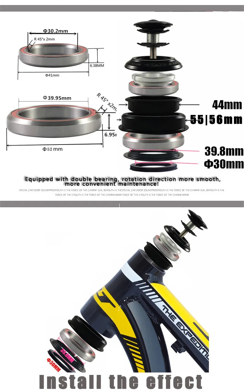 1-1/8 Bicycle Headset 44x28.6 & 55/56x39.8/30MM Tapered 28.6 Straight Tube Bike Fork Internal Steering 2 Bearing Pads