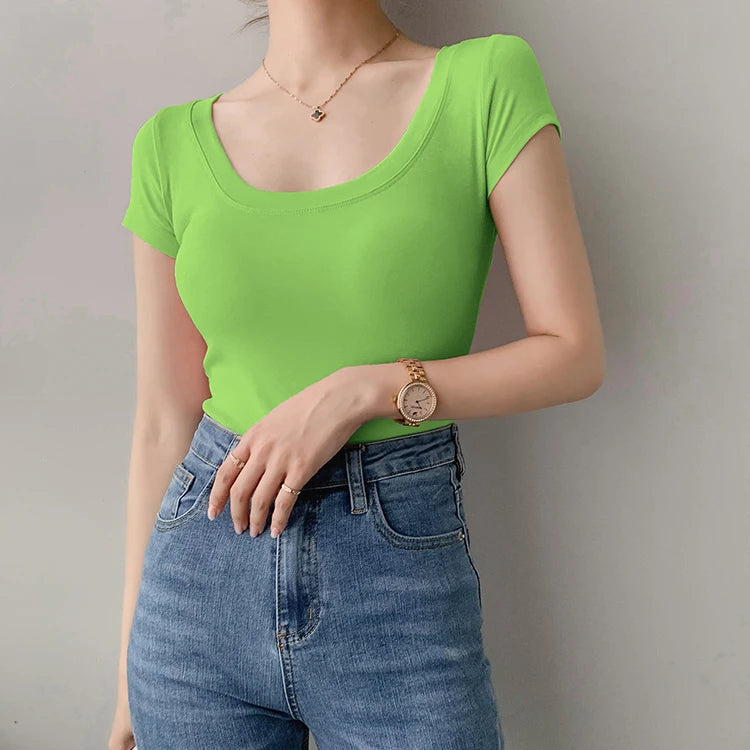 AOSSVIAO 100% Cotton T Shirt Women Summer New Slim Solid Basic Tees 16 Color Casual Tshirt Korean O Neck Khaki Tops